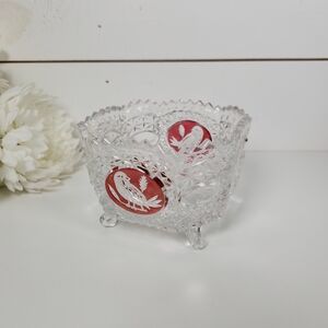 Vtg Hofbauer Byrdes Collection Lead Crystal Footed Square Bowl, The Ruby Bird